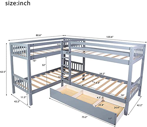 ATH-S Wood Triple Bunk Bed Full Over Twin &Twin Bunk Beds for 3, Wooden Triple Beds Frame with Drawers and Guardrails for Teens, Adults, No Box Spring Needed (White/Grey) (Color : Gray)