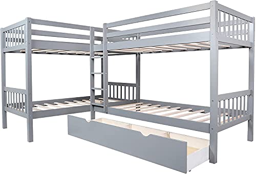 ATH-S Wood Triple Bunk Bed Full Over Twin &Twin Bunk Beds for 3, Wooden Triple Beds Frame with Drawers and Guardrails for Teens, Adults, No Box Spring Needed (White/Grey) (Color : Gray)