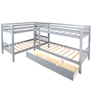 ATH-S Wood Triple Bunk Bed Full Over Twin &Twin Bunk Beds for 3, Wooden Triple Beds Frame with Drawers and Guardrails for Teens, Adults, No Box Spring Needed (White/Grey) (Color : Gray)