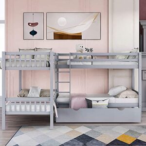 ATH-S Wood Triple Bunk Bed Full Over Twin &Twin Bunk Beds for 3, Wooden Triple Beds Frame with Drawers and Guardrails for Teens, Adults, No Box Spring Needed (White/Grey) (Color : Gray)