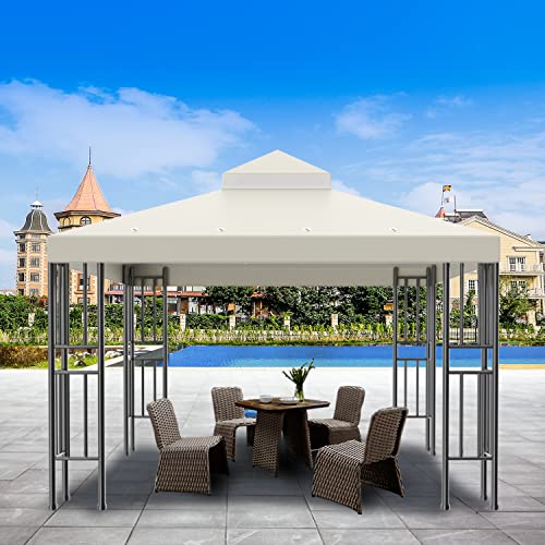 Sumfaller 10x10 FT Gazebo Replacement Canopy Top Cover Double Tiered Canopy Top Cover for Patio Garden Outdoor BBQ Roof Cover Grill Shelter (Beige)