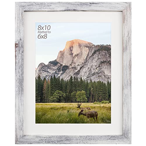 AEVETE 8x10 Picture Frame White Distressed Display Photos 6x8 with Mat or 8x10 without Mat for Wall Tabletop