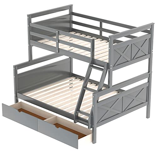 Twin Over Full Bunk Bed with Storage Drawers, Solid Wood Bunk Bed Frame for Kids, Teens, Adults (Gray)