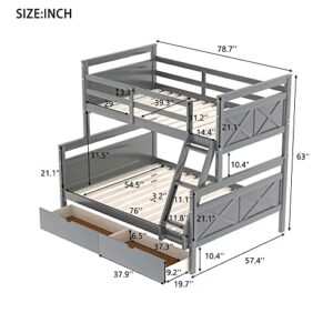 Twin Over Full Bunk Bed with Storage Drawers, Solid Wood Bunk Bed Frame for Kids, Teens, Adults (Gray)