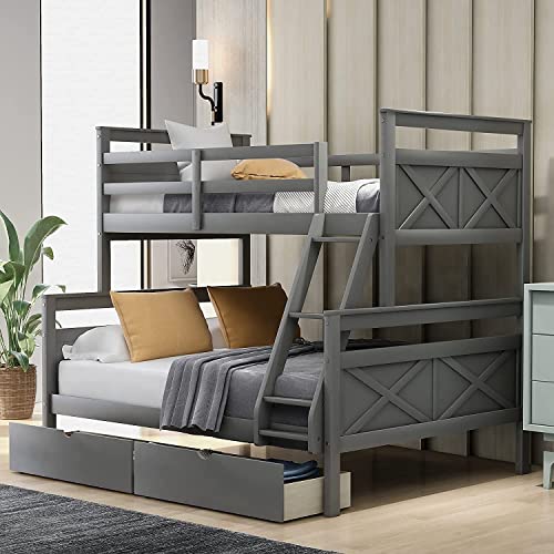 Twin Over Full Bunk Bed with Storage Drawers, Solid Wood Bunk Bed Frame for Kids, Teens, Adults (Gray)