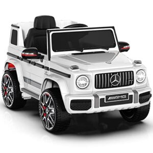 anpabo licensed mercedes-benz g63 car for kids, 12v ride on car w/parent remote control, low battery voice prompt, led headlight, music player & horn, soft start, kids electric vehicle, white