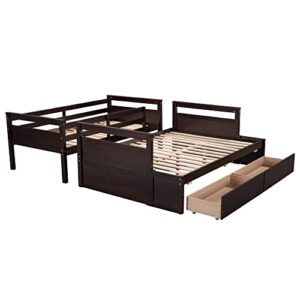 Merax Twin Over Full Bunk Bed with Storage Drawers and Safety Guardrail, Solid Wooden Loft Bed for Teens, Espresso