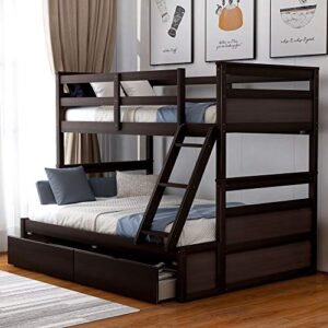 merax twin over full bunk bed with storage drawers and safety guardrail, solid wooden loft bed for teens, espresso