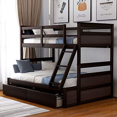 Merax Twin Over Full Bunk Bed with Storage Drawers and Safety Guardrail, Solid Wooden Loft Bed for Teens, Espresso