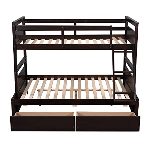 Merax Twin Over Full Bunk Bed with Storage Drawers and Safety Guardrail, Solid Wooden Loft Bed for Teens, Espresso