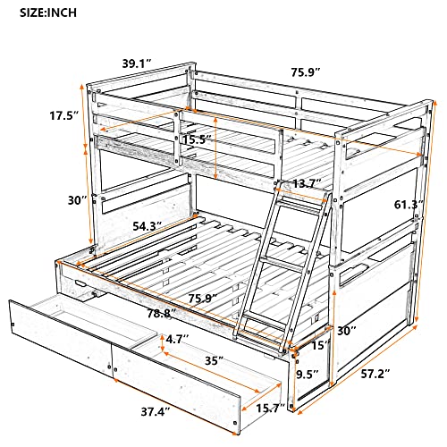 Merax Twin Over Full Bunk Bed with Storage Drawers and Safety Guardrail, Solid Wooden Loft Bed for Teens, Espresso