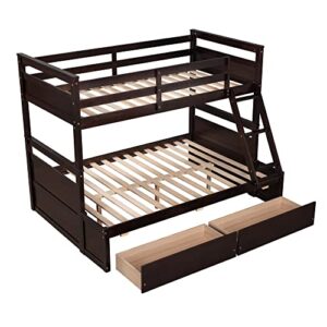 Merax Twin Over Full Bunk Bed with Storage Drawers and Safety Guardrail, Solid Wooden Loft Bed for Teens, Espresso