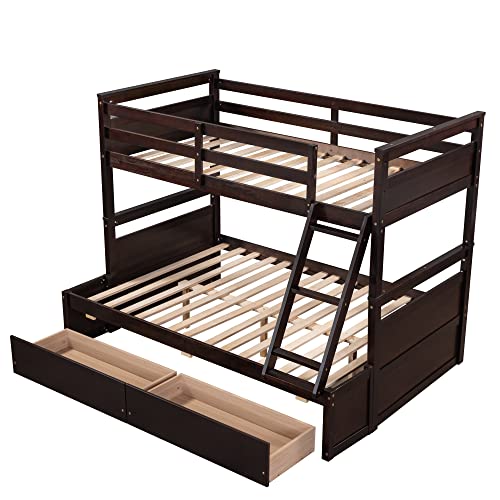 Merax Twin Over Full Bunk Bed with Storage Drawers and Safety Guardrail, Solid Wooden Loft Bed for Teens, Espresso