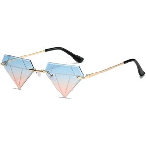 Rimless Diamond-shaped Sunglasses Female Tinted Triangle Eyewear Vintage Bling Transparent Glasses for Women Men (blue&pink)