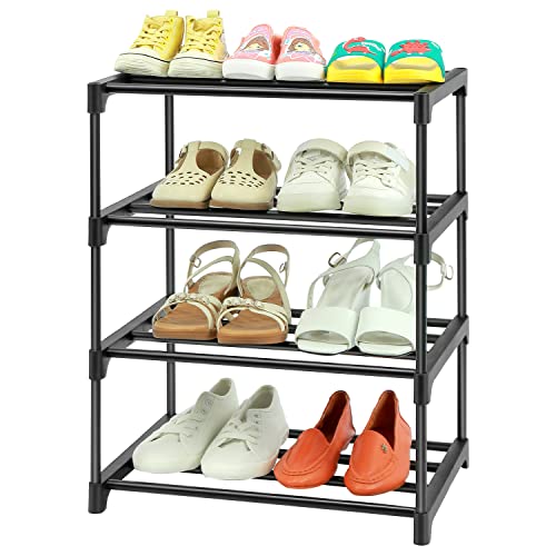 HITHIM 4-Tier Free Standing Shoe Racks, Small Shoe Rack for 6-8 Pairs Shoe Storage,Kids Shoe Racks for Small Place,Lightweight Stackable Shoe Shelf Organizer for Entryway, Doorway and Closet,Black