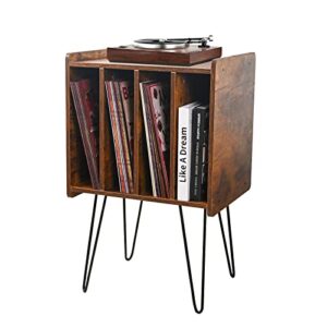 zedesey record player stand, vinyl record holder turntable stand with metal legs record storage vintage end table for living room, bedroom, rustic brown