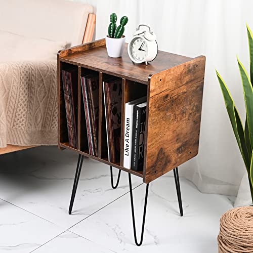 Zedesey Record Player Stand, Vinyl Record Holder Turntable Stand with Metal Legs Record Storage Vintage End Table for Living Room, Bedroom, Rustic Brown