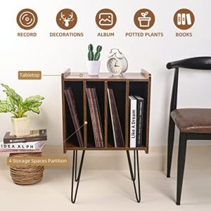 Zedesey Record Player Stand, Vinyl Record Holder Turntable Stand with Metal Legs Record Storage Vintage End Table for Living Room, Bedroom, Rustic Brown