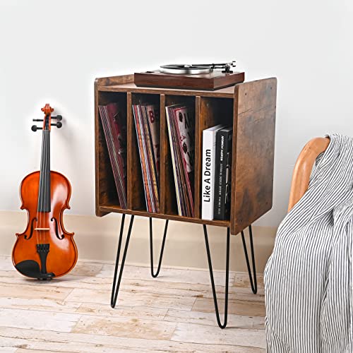 Zedesey Record Player Stand, Vinyl Record Holder Turntable Stand with Metal Legs Record Storage Vintage End Table for Living Room, Bedroom, Rustic Brown