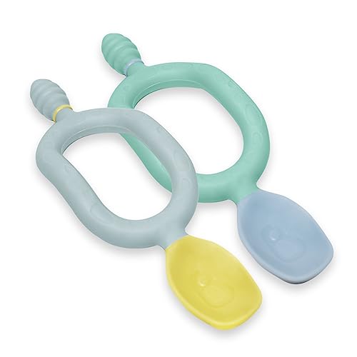 Bibado - Dippit Multi-Stage Self Feeding BPA Free Baby Spoons and Dipper, 2-Handed Multi-Grip Baby Led Weaning Spoons, baby spoons self feeding 6 months and Up, Infant Spoons, Mint and Gray, Pack of 2