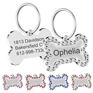 natiform engraved pet tag for dogs and cats, two sided personalized id tag, personalized with 4 lines of custom engraved id, cute glitter pet tag(white)