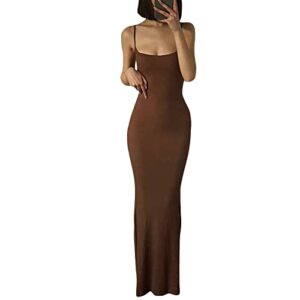 women long tank top dress ankle length solid color spaghetti strap bodycon party dress (brown, s)