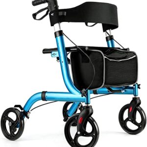 RINKMO Rollator Walkers for Seniors- Rollator Walker with Seat 8" Wheels- Easy Folding Senior Walker with Backrest- Lightweight Mobility Walking Aid for Adult Elderly, Aluminum Frame, Blue