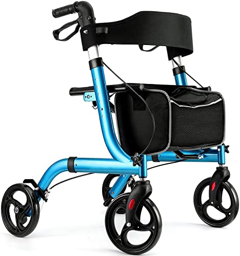 RINKMO Rollator Walkers for Seniors- Rollator Walker with Seat 8" Wheels- Easy Folding Senior Walker with Backrest- Lightweight Mobility Walking Aid for Adult Elderly, Aluminum Frame, Blue