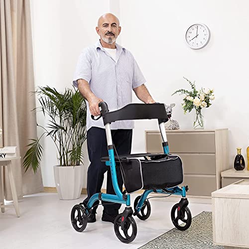 RINKMO Rollator Walkers for Seniors- Rollator Walker with Seat 8" Wheels- Easy Folding Senior Walker with Backrest- Lightweight Mobility Walking Aid for Adult Elderly, Aluminum Frame, Blue