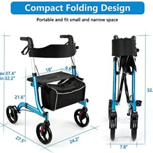 RINKMO Rollator Walkers for Seniors- Rollator Walker with Seat 8" Wheels- Easy Folding Senior Walker with Backrest- Lightweight Mobility Walking Aid for Adult Elderly, Aluminum Frame, Blue