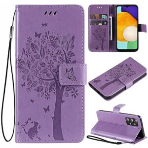 phone case for samsung galaxy a23,wallet case,flip case pu leather emboss tree cat flowers folio magnetic kickstand cover card slots for samsung galaxy a23 light purple