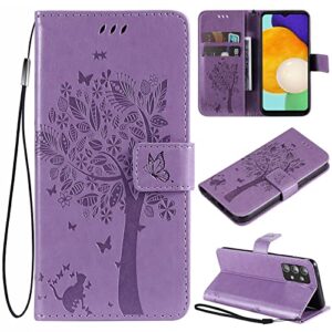 Phone Case for Samsung Galaxy A23,Wallet Case,Flip Case PU Leather Emboss Tree Cat Flowers Folio Magnetic Kickstand Cover Card Slots for Samsung Galaxy A23 Light Purple