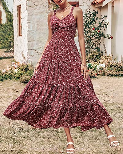 BTFBM Women Sleeveless V Neck Summer Maxi Dresses 2023 Print Backless Strap Tie Back Beach Party Pleated Long Boho Dress(Floral Wine Red, Large)