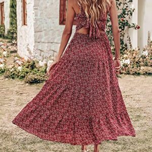 BTFBM Women Sleeveless V Neck Summer Maxi Dresses 2023 Print Backless Strap Tie Back Beach Party Pleated Long Boho Dress(Floral Wine Red, Large)