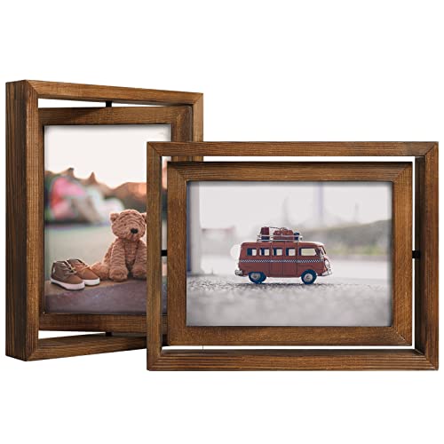 Egofine 2 Pack 5x7 Rotating Floating Picture Frames,Double-Sided Display with HD Glass Front Wooden Distressed Frame for Vertical or Horizontal Tabletop Display, Carbonization