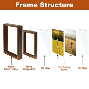 Egofine 2 Pack 5x7 Rotating Floating Picture Frames,Double-Sided Display with HD Glass Front Wooden Distressed Frame for Vertical or Horizontal Tabletop Display, Carbonization