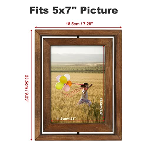 Egofine 2 Pack 5x7 Rotating Floating Picture Frames,Double-Sided Display with HD Glass Front Wooden Distressed Frame for Vertical or Horizontal Tabletop Display, Carbonization