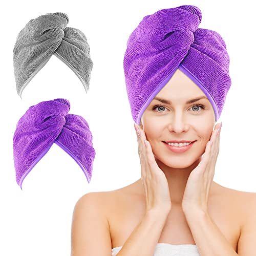 NEXCOVER Microfiber Hair Towel, 2 Pack (Grey+Purple) 9.8 inch X 25.5 inch Hair Turbans,Ultra Absorbent,Fast Drying Hair Towel Wraps,Head Towels for Women Wet Hair,Long,Curly,Thick,Frizzy Hair