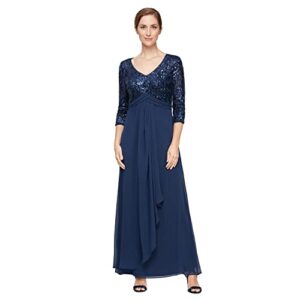alex evenings women's petite long lace top empire waist dress, navy sequin, 16p