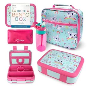 kinsho bento lunch box with water bottle, insulated bag & ice pack set for kids toddlers girls, 4 portion sections, removable tray, pre-school kid toddler daycare lunches, snack container, pink koala