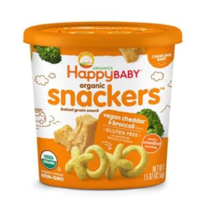 happy baby organics organic snackers, gluten free baked grain snack, vegan cheddar & broccoli 1.5oz cup (pack of 6)