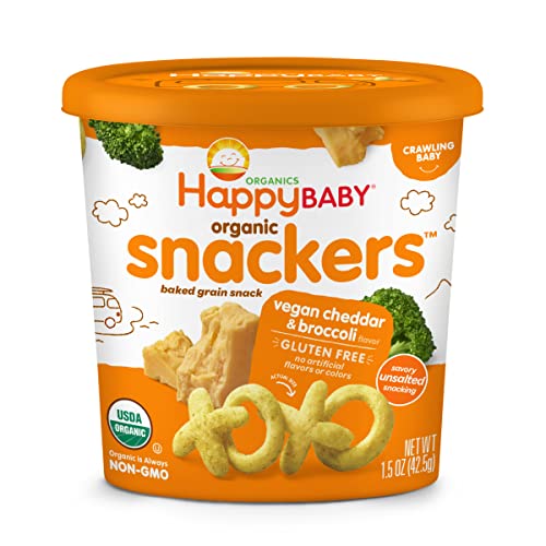 Happy Baby Organics Organic Snackers, Gluten Free Baked Grain Snack, Vegan Cheddar & Broccoli 1.5oz Cup (Pack of 6)