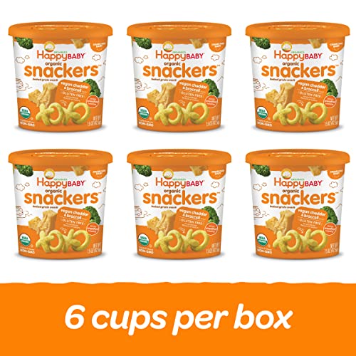 Happy Baby Organics Organic Snackers, Gluten Free Baked Grain Snack, Vegan Cheddar & Broccoli 1.5oz Cup (Pack of 6)