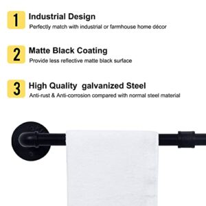 HouseAid 24 Inch Industrial Pipe Towel Bar, Farmhouse Iron Hand Towel Holder, Vintage Style Towel Rod for Bathroom, Wall Mounted, Matte Black (Hook Included)