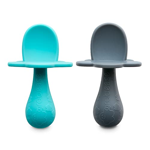 Grabease Baby Silicone Spoon Set for Baby-Led Weaning & First Stage Self-Feeding: Soft, Safe 100% Food-Grade Silicone, Safe for Dishwasher, No BPA/PVC/Latex/Phthalates, Set of 2 (Teal, Gray)