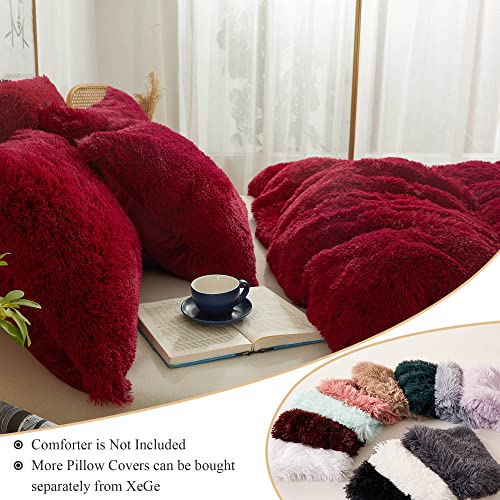 XeGe Plush Shaggy Duvet Cover Set, Luxury Soft Crystal Velvet Fluffy Furry Bedding Sets 3 Pieces(1 Faux Fur Fuzzy Comforter Cover + 2 Faux Fur Throw Pillow Shams), Zipper Closure (Queen, Red)