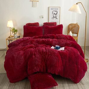 xege plush shaggy duvet cover set, luxury soft crystal velvet fluffy furry bedding sets 3 pieces(1 faux fur fuzzy comforter cover + 2 faux fur throw pillow shams), zipper closure (queen, red)