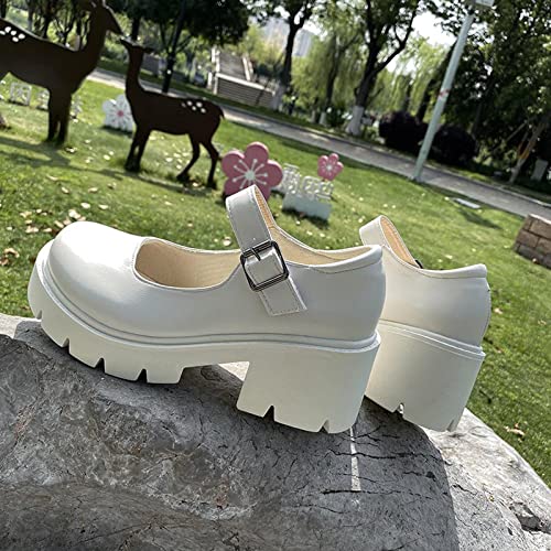 Women's Ankle Strap Mary Janes Summer Fashion Platform High Heel Chunky Pumps Oxford Dress Shoes Vintage Cosplay Girls Students British Shoes White
