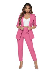 sweatyrocks women's 2 piece solid ruched sleeve blazer and pants business office suit set hot pink l