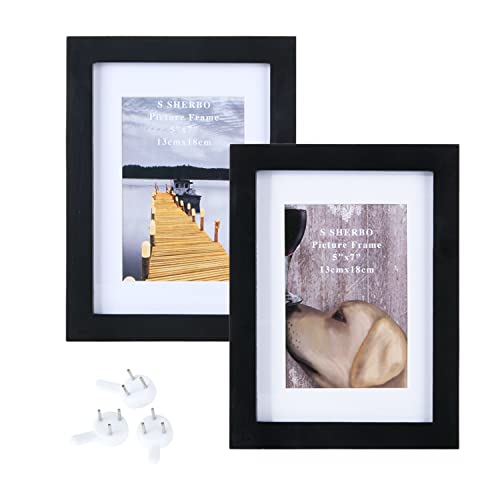 Sherbo 5x7 Wooden Picture Frames Set of 2 Display Pictures With Mat And Acrylic Sheet Clear Cast Plexiglass for wall decor table and Wall Mounting Photo Frames,Black (2, 5x7)